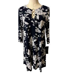 MSK Dress Navy Blue White M Medium 3/4 Long Sleeve Stretch Shift NWT